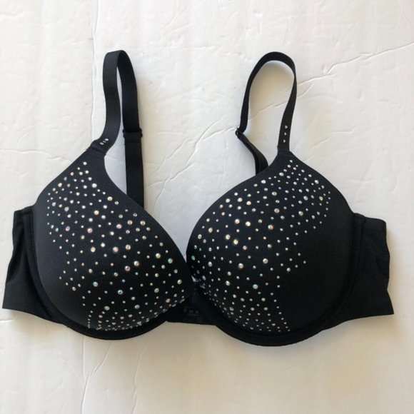 AMBRIELLE MISTIQUE PLUNGE EXTREME PUSH-UP CRYSTALS BLACK CONVERTIBLE BRA 36D - Picture 2 of 10